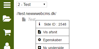 Oprettelse af startside: Højreklik på sidens navn i menuen og klik "egenskaber"