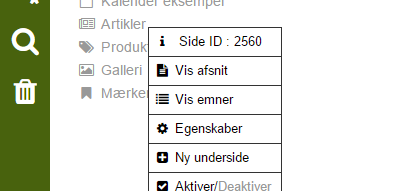 Sidetyper: Artikler - Oprettelse af artikelemne - Højreklik og vis emner